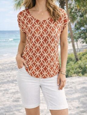 Sigrid Olsen Linen Button-Back Top Burnt Orange White Geometric Print M Summer